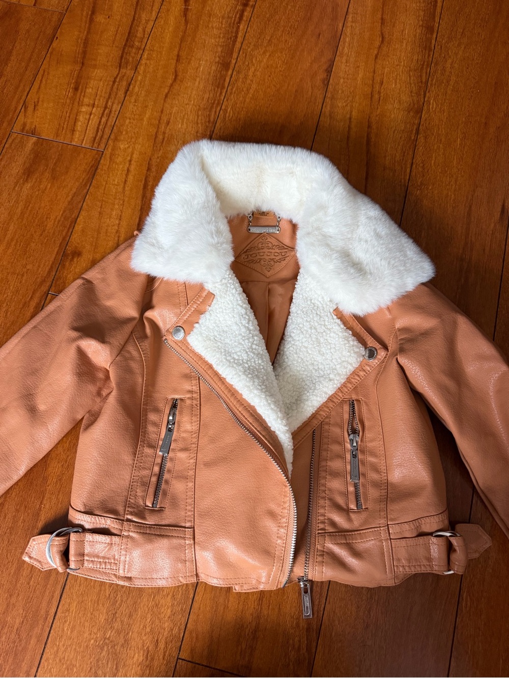 Girls' Tan Faux-Leather Puffer Jacket with White Sherpa Collar